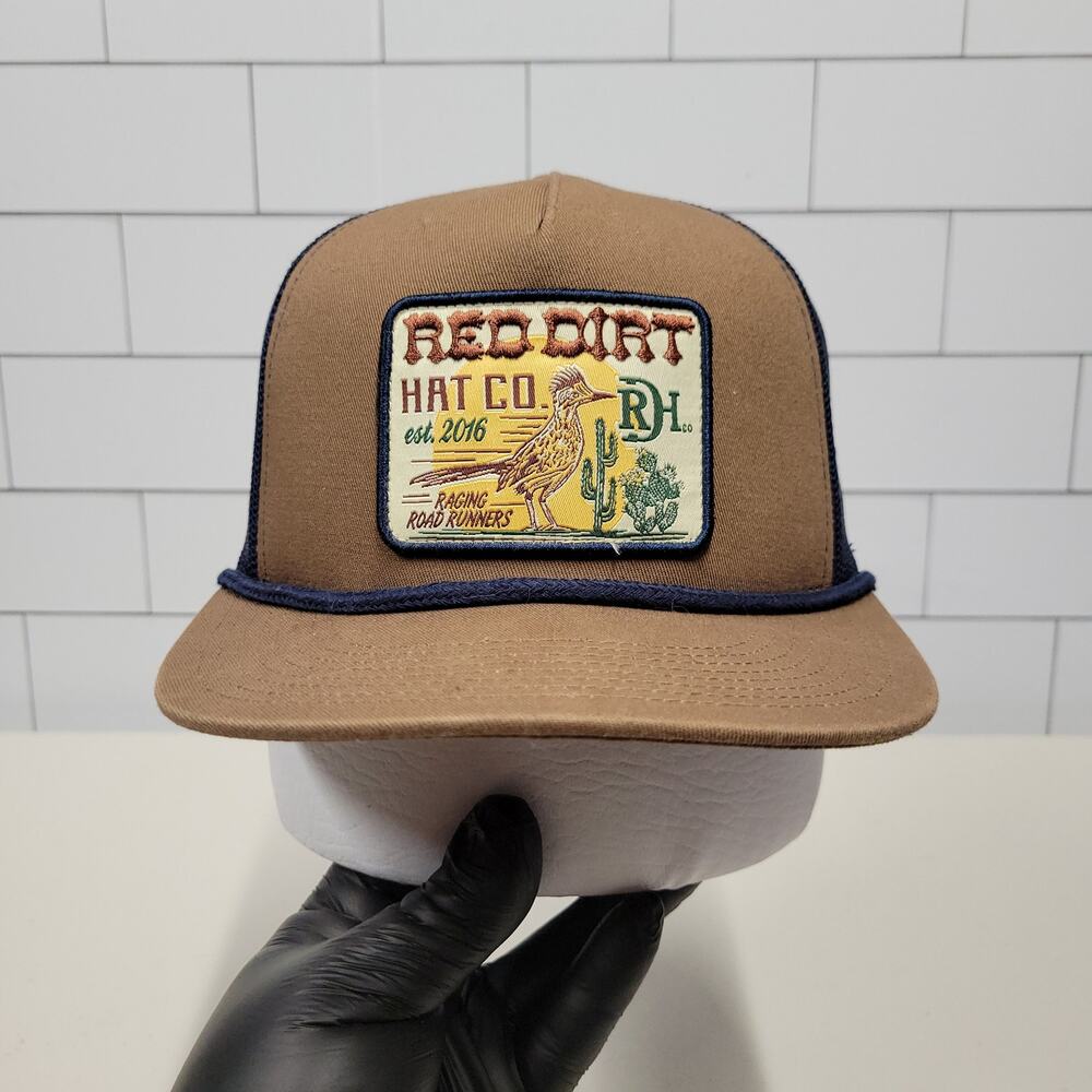 Red Dirt Hat Co Road Runner Desert Trucker Snapback Hat Brown Navy Rope